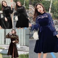 ราคา แม็กซี่เดรสคอปีนแขนยาว แขนและคอแต่งด้วยผ้าลูกไม้ (2284230397)