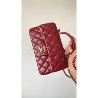 ราคา CHANEL PREMIUM CRAFT WORKSHOP SERIES HANDLE BAG - กระเป๋าถือแท้จากโรงงาน Chanel ขนาดเล็ก หนังแกะแท้ (Lambskin), สีชมพูไวน์แดง, ติดกระดูกขากรรไกรสีเหลือง champagne gold (58007076740)