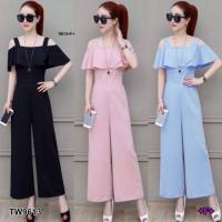 ราคา PE9613 Jumpsuit จั้มสูทสายเดี่ยวขายาว อกระบาย ผ้าโฟร์เวย์สีพื้น มีซิปหลัง (4521004465)