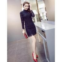 ราคา เดรสแฟชั่น แขนยาว คอปีน ผ้าลูกไม้ สีดำ (105580540)