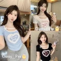 ราคา เสื้อครอปปักลายครอปหัวใจ เว้าคอมีโบว์ (28251540471)