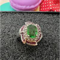 ราคา แหวนเงิน925 แท้ หัวแหวนฝังพลอยเขียวซาโวไรท์ (Tsavorite) เจียรไนรูปไข่ (Oval Shape) ล้อมพลอยทับทิมแล (24287190279)