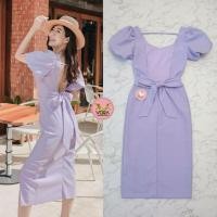 ราคา ชุดเดรสสีม่วงพาสเทล เดรสสีม่วงคอเหลี่ยมแขนตุ๊กตา vora (7060759491)