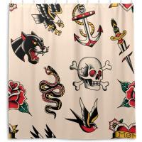 ราคา Xigua ผ้าม่านอาบน้ํา Old School Tattoo พิมพ์ออกแบบผ้าม่าน,ผ้ากันน้ําตกแต่งผ้าม่านอาบน้ําสําหรับห้องน้ําชุด 12 ตะขอ,66 x 72 (52857417092)