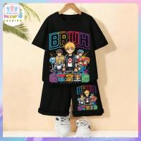 ราคา ชุดเสื้อ+กางเกงขาสั้นเด็กชาย ลายตัวละครอนิเมะและเกมส์ข้อความ "BRUH" สไตล์เท่ห์ๆ คุณภาพดี ใส่สบาย (51407383141)
