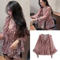 ราคา (สินค้ากวางโจว) เสื้อชีฟองสีชมพูคอระบายแขนได้ถึง90กิโลกรัมลายบิ๊กไซส์รุ่นใหม่2025 (40561410886)