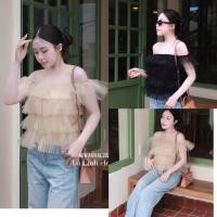 ราคา MIEMEI top Super pretty Ladys Chiffon Mesh Layered Off-Shoulder Blouse สําหรับผู้หญิง (40655909050)
