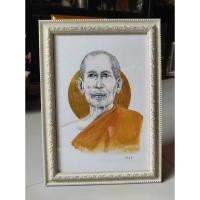 ราคา ภาพวาดลายเส้นหลวงพ่อโอภาสี พระเกจิชื่อดัง ใส่กรอบไม้สีขาว ภาพพระ ภาพมงคล (3358627710)