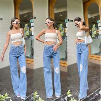 ราคา กางเกงยีนส์ขายาวเอวสูง แต่งขาดข้างเดียว #PT (11144520389)