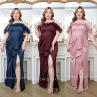 ราคา ชุดราตรีสาวอวบปาดไหล่แต่งขนนก (19381428694)