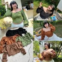 ราคา เสื้อครอปปาดไหล่ เสื้อครอปสาวอวบ อก38-52นิ้ว (มีไซซ์) plussize (27853563396)