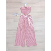 ราคา ชุด Set เสื้อเกาะอกคู่กางเกงขายาวลายทางสีแดงขาว (27370164216)