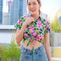 ราคา เสื้อผูกเอวลายดอก ผ้าคอตตอน100% เสื้อสงกรานต์น่ารัก 304 (24114854567)