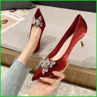 ราคา 34-41รองเท้าส้นสูงเจ้าสาวสีแดง ผ้าซาตินหัวแหลมส้นแหลม สไตล์ฝรั่งเศส 2026รองเท้าแต่งงานหรูหรา (27944352159)
