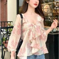 ราคา เสื้อชีฟอง แขนยาว ผูกโบว์ พิมพ์ลายดอกไม้ สีชมพู แฟชั่นฤดูใบไม้ผลิ สําหรับผู้หญิง (24929777357)