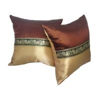 ราคา (เฉพาะปลอก) ชุดปลอกหมอน 2 ชิ้น สไตล์ลายคาดช้างไทย สีน้ำตาลเข้ม (Thai Twin Pillow Cover) (20339605993)