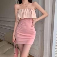 ราคา พร้อมส่งเดรสปาดไหล่ปาดไหล่แบบฝรั่งเศสพลัสไซส์ เดรสกระโปรงสะโพกสีชมพู (21027784524)