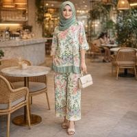 ราคา ไอลุค | [READY] Samira Set Nursing Friendly Twiscone Combi Knit Top Short Sleeve and Long Pants Women Casual Floral Motif (52057451004)