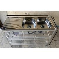 ราคา ที่ล้างจาน ซิงค์ล้างจาน อ่างล้างจานอลูมีเนียม 2หลุม 3ชั้น หน้าสแตนเลส ขนาด120 ไม่มีต่อบน หลุมใหญ่ สะดือ 304 (26607776453)