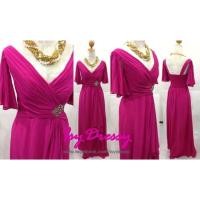 ราคา ชุดราตรียาว ผ้าชีฟองเนื้อดีสีชมพูบายเย็นโทนม่วง คอวี มีเข็มกลัดเพชรประดับที่เอว (1232526544)