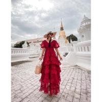ราคา เดรสงานป้ายfactory สีแดงออกเลือดหมู แต่งระบายเป็นชั้น แต่งปอมๆ สวยอลังมากค่ะ (17400816048)
