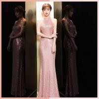 ราคา ชุดราตรี ชุดออกงาน ชุดไปงานแต่งงานสีชมพู เดรสยาวเว้าไหล่แต่งลูกปัด ผ้าปักเหลื่อม เรียบหรู ดูแพง (9915292402)