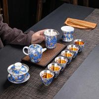 ราคา 999 เงินสเตอร์ลิงเซรามิคชุดชา Kung Fu ชุดชาสีฟ้าสีขาว Gilt Silver Teacup กาน้ําชาชามงานแต่งงานธุรกิจของขวัญ (28464236570)