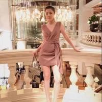 ราคา เดรสคอวีทรงย่นๆจับจีบ เดรสผูกเอวทรงสวยไฮโซ (2733069478)