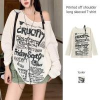 ราคา Slouchy Style T-shirt Print Off Shoulder Long Sleeved T-shirt Top Women Versatile Loose (25346215729)