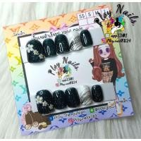 ราคา เล็บปลอมสำเร็จรูปเล็บเจลแท้100% สีเขียวกากเพชร แต่งดอกไม้ (26604106797)