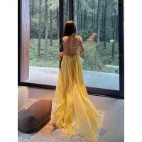 ราคา ชุดไปเที่ยว ไปทะเล กระโปรงสีเหลืองสไตล์วันหยุดชายทะเลกระโปรงยาวสง่างามสวยซูเปอร์นางฟ้าเชือกแขวนคอคอเชือกแขวนคอชุดหญิงยาวชายหาดสกี (45307837943)