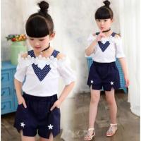 ราคา ชุดเด็กหญิง ✨พร้อมส่ง✨ GS009 เสื้อผ้าเด็กผู้หญิง เซ็ทเสื้อเปิดโชว์ไหล่สีขาว น่ารักสมวัย+กางเกงขาสั้น สีน้ำเงิน เอวยางยืด (651170104)