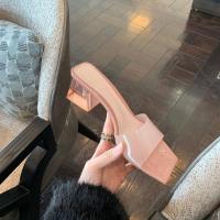 ราคา 35-40 ส้นหนาคริสตัลสีชมพูฝรั่งเศส / สีส้นสูงอเนกประสงค์รองเท้าแตะเปิดนิ้วเท้าสี่เหลี่ยมเรียบง่ายรองเท้าแตะโปร่งใส (22769044816)