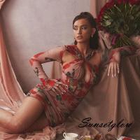 ราคา S-G/Elegant Women Long Sleeve Flower Print or Solid Color Cross Hollow Pleated Vintage Sexy Skinny Dress (12491324652)