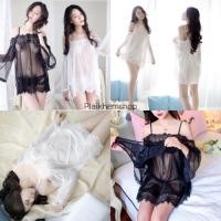 ราคา พร้อมส่ง รุ่น 1046 ชุดนอน เดรสลูกไม้สายเดี่ยวแขนยาว เปิดไหล่ ผ้าซีทรู (7037748294)