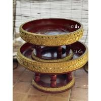 ราคา ขันโตกไม้ พานไม้ 12 ,14 นิ้ว ลายหนอน แดงทองสด เดินเส้นประดับกระจก ขันโตกสีแดง พาน พานโตก ลายไทย ทำแบบทองเก่าโบราณ (8464016410)