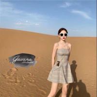 ราคา เดรสเกาะอกลายสก็อต เดรสสั้นเกาะอกทรงสวยน่ารักสไตล์เกาหลี (2439086977)