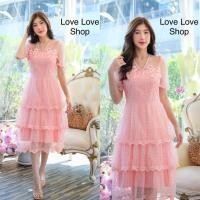 ราคา เดรสสีชมพูรับวาเลนไทน์!!! L-6XL Mini Dress เดรสสีชมพูโอรสปักลูกไม้แต่งโบว์กระโปรงระบายชั้นๆ งานป้าย Love Love (22819355049)