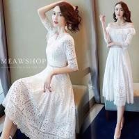 ราคา เดรสเปิดไหล่ ผ้าฉลุปักลายเนื้อแน่นอย่างดี S-2XL ชุดใส่ทำบุญ ลูกไม้สีขาว งานป้าย The Classic (4978332804)