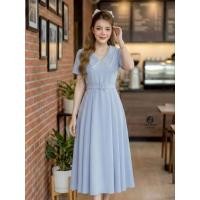 ราคา Ticha เดรสยาวสีฟ้า คอปกระบายสีขาว +เข็มขัด เดรสทำงาน (45754191962)
