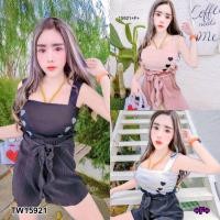 ราคา J15921 set 2 ชิ้น เสื้อครอป สายเดี่ยว ลายหัวใจ + กางเกงอัดพลีทขาสั้น + สายผูกเอว Cropped crop top + pleated shorts (13809222698)