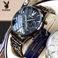 ราคา PLAYBOY นาฬิกา ผู้ชาย แฟชั่น watch 100% แท้ นาฬิกาข้อมือกันน้ำได้ ควอตซ์ สายสเตนเลส สีดำ มัลติฟังก์ (26412097809)