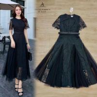 ราคา เดรสลูกไม้ดำสวยสง่า!!! S-2XL Maxi Dress เดรสสีดำแขนสั้นผ้าลูกไม้สลับซีทรู+เข็มขัด งานป้าย (52052595437)