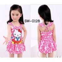 ราคา ชุดว่ายน้ำเด็กผู้หญิงสายเดี่ยวระบายไขว้หลัง แบบบอดี้สูทติดกระโปรง ลายคิตตี้โบว์ สีชมพู S.90 SW0128 (18279474186)