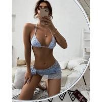 ราคา บิกินี่ Floral Bikini Set Triangle Bra & Thong Bottom & Cover Up Skirt 3 Piece Bathing Suit (44357542698)