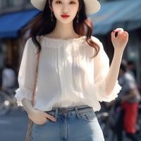 ราคา เสื้อเชิ้ตสีขาวแบบใหม่2024เสื้อเชิ้ตตัวเล็กเก๋เก๋ๆสวยๆเสื้อชีฟองลูกไม้ไหล่เดียวสุดนางฟ้าสำหรับผู้หญิง (25985999003)
