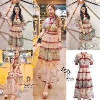 ราคา ✅พร้อมส่ง L ✅ เดรสงานปักปะการังแต่งลูกไม้สีแดงแขนตุ๊กตางานสวยน่ารักมากค่ะ (18911979285)