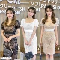 ราคา 3637 ดรสออกงาน แขนพองผ้าแก้วปักลาย มีซับทั้งตัว อกเสริมฟองน้ำ (25964112393)