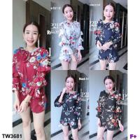 ราคา TwinsShopVipพร้อมส่ง TW3681 จั้มสูทลายดอก แขนระบาย 3 ชั้น (6834771455)