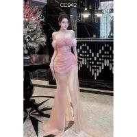 ราคา ชุดราตรี เกาะอก แต่งมุก + ถุงมือ สีชมพู แบรนด์เวียดนาม (29089224427)